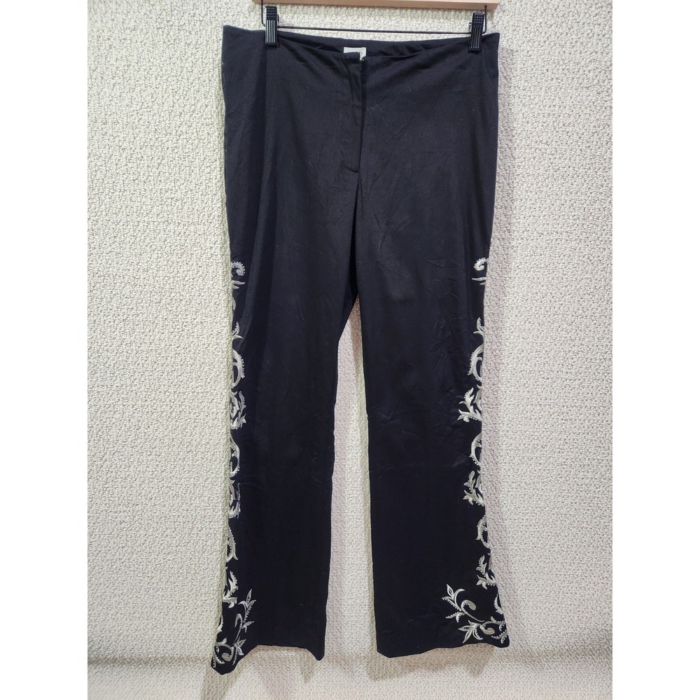Cache Black Embroidered Beaded Floral Side Seam Flare Rockabilly‎ Pants SZ 8